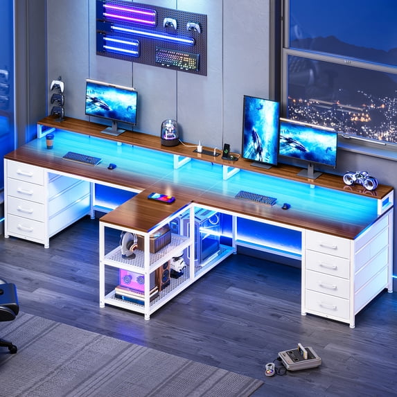 94.5" Two Person Desk with 8 Drawers and Storage Shelves, Long Computer Desk with LED Lights for Home Office