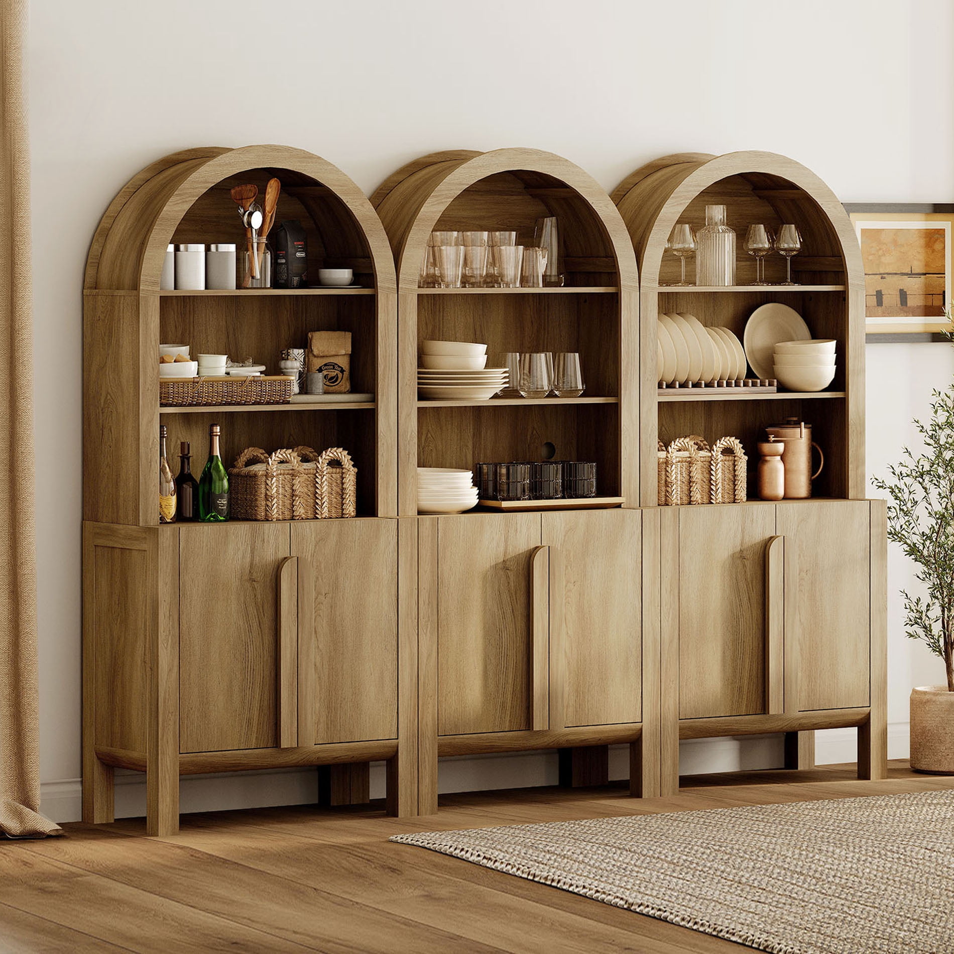 94.5"W Arched Kitchen Hutch Sideboard, Mid-Century Modern Buffet Hutch Cabinet with 6 Wooden Doors And 3 Tier Shelves
