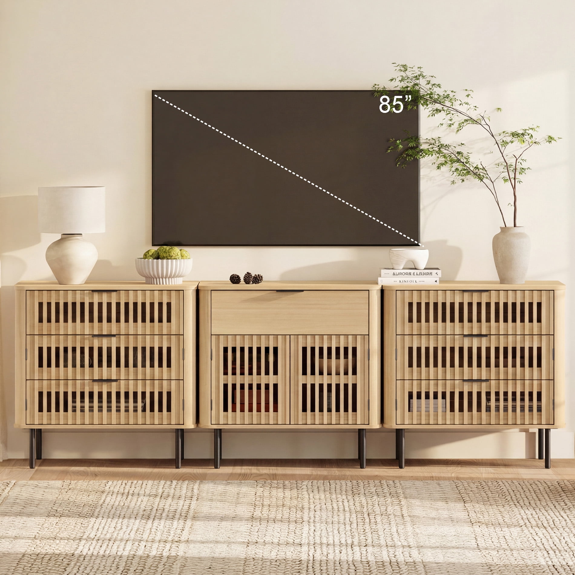 94.5" W Large TV Stand for 85 Inch TV, Wood Entertainment Center with Cabinets and Drawers, Mid-Century Modern Media Console for Living Room, Oak