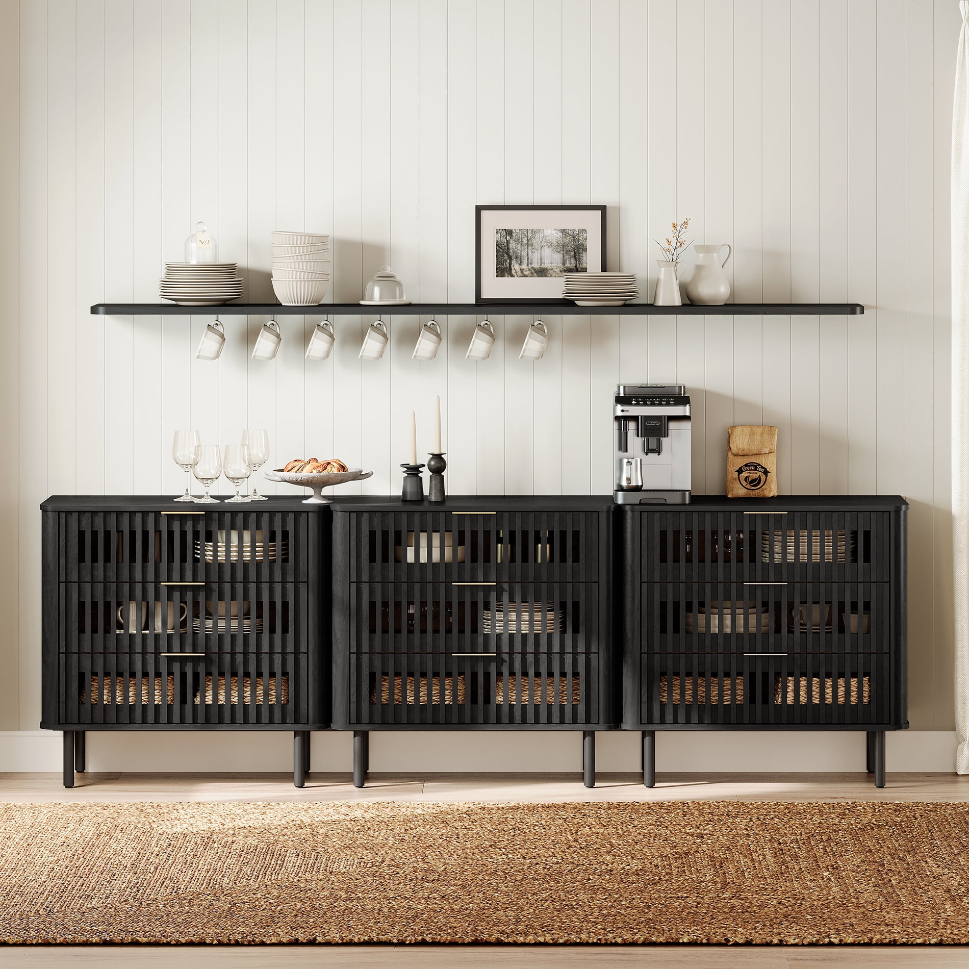 94.5"W Sideboard Buffet Cabinet with Storage, Fluted Kitchen Buffet Storage Cabinet with 9 Drawer, Large Coffee Bar Cabinet, Modern Buffet Table for Dining Living Room, Black
