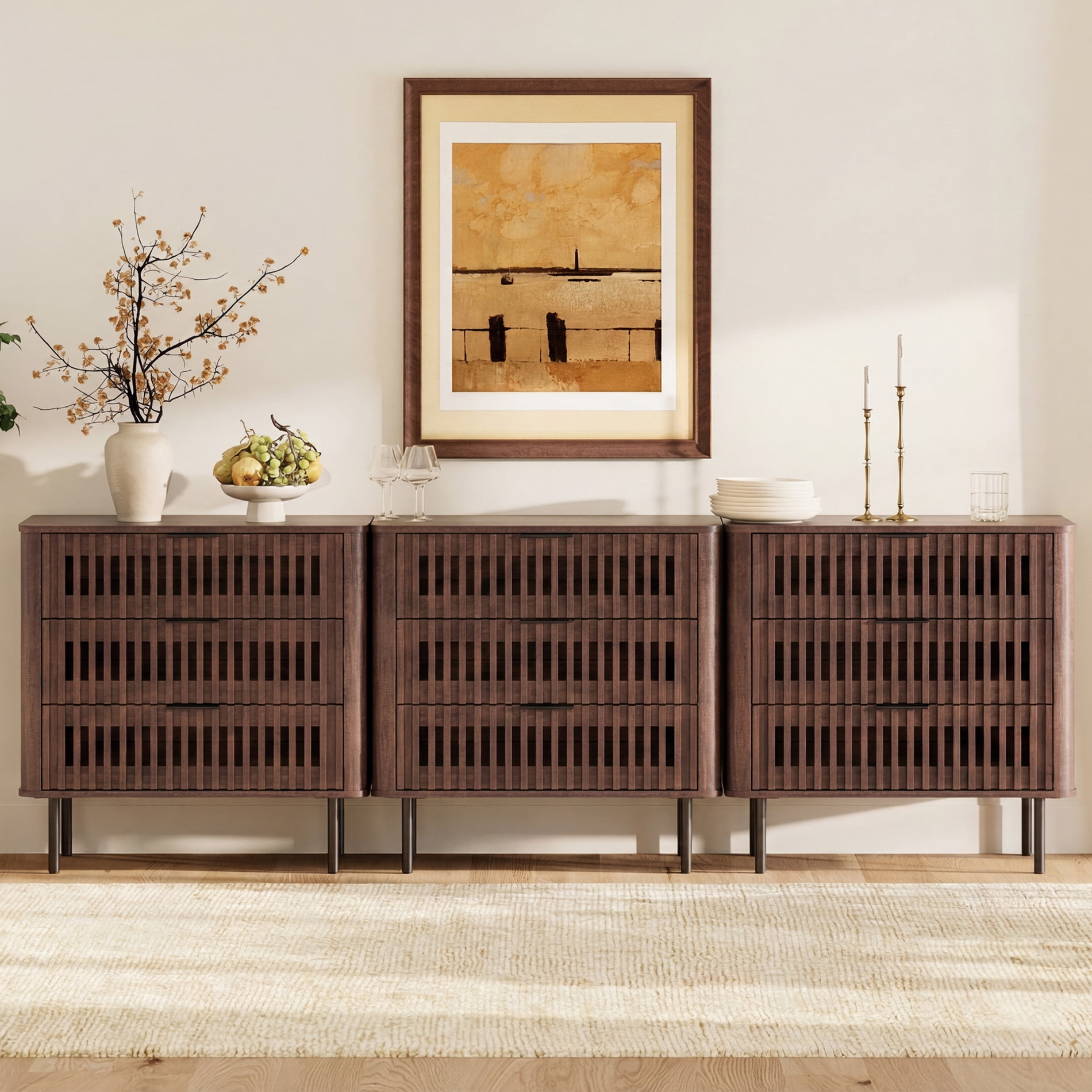 94.5"W Sideboard Buffet Cabinet with Storage, Fluted Kitchen Buffet Storage Cabinet with 9 Drawer, Large Coffee Bar Cabinet, Modern Buffet Table for Dining Living Room, Walnut