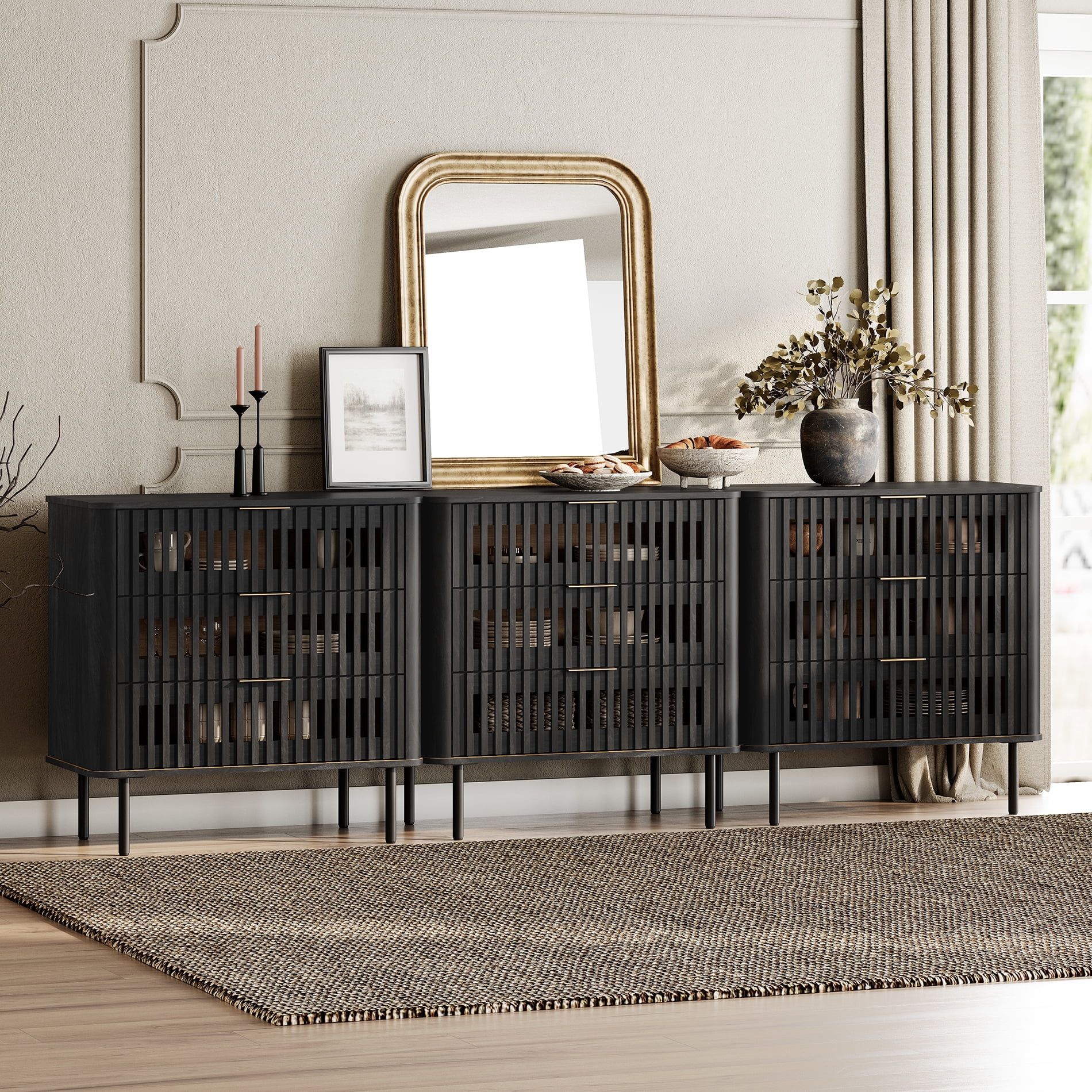 94.5"W Sideboard Buffet Cabinet with Storage, Fluted Kitchen Buffet Storage Cabinet with 9 Drawer, Large Coffee Bar Cabinet, Modern Buffet Table for Dining Living Room, Black