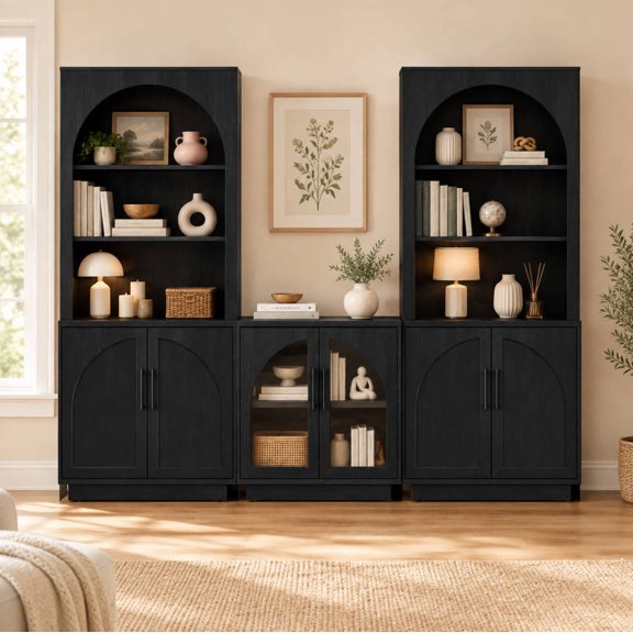 94.5" Wide Entertainment Center with Bookshelves, 3-Piece Modular TV Wall Unit with Glass Display & Hidden Storage for Living Room, Black Grey