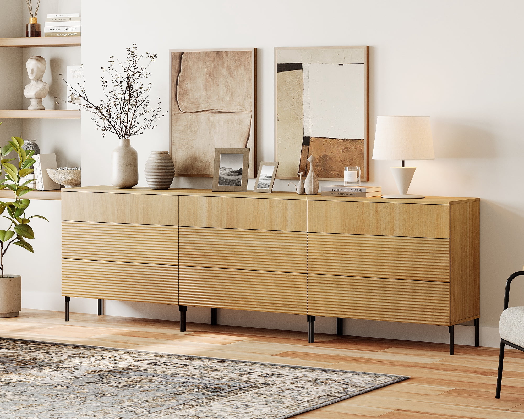 94.5" Wood Accent Chest Set with Drawers, Modern Credenza Storage Cabinet with Reeded Design for Living Room, Kitchen, Dining Room, Hallway