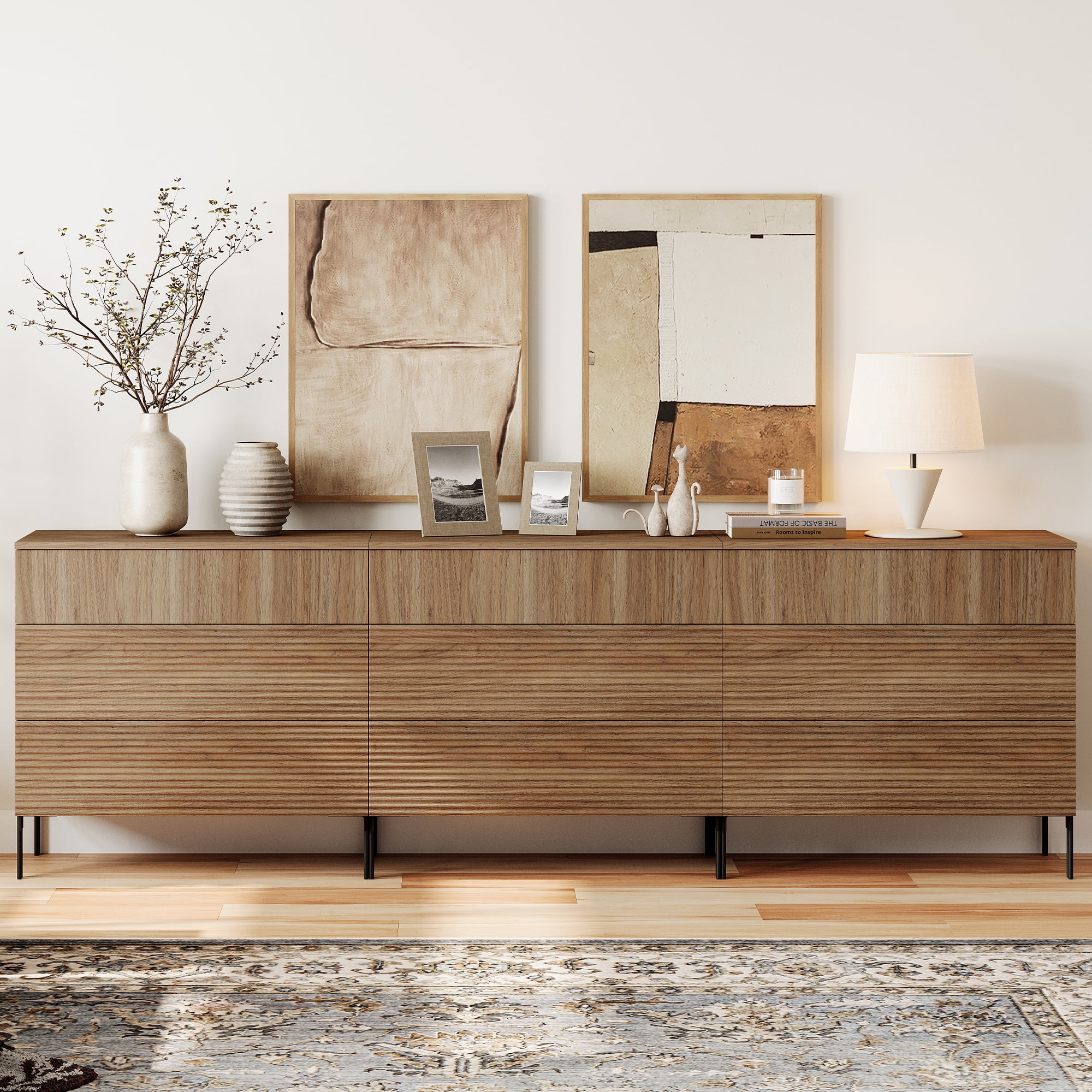 94.5" Wood Accent Chest Set with Drawers, Modern Credenza Storage Cabinet with Reeded Design for Living Room, Kitchen, Dining Room, Hallway