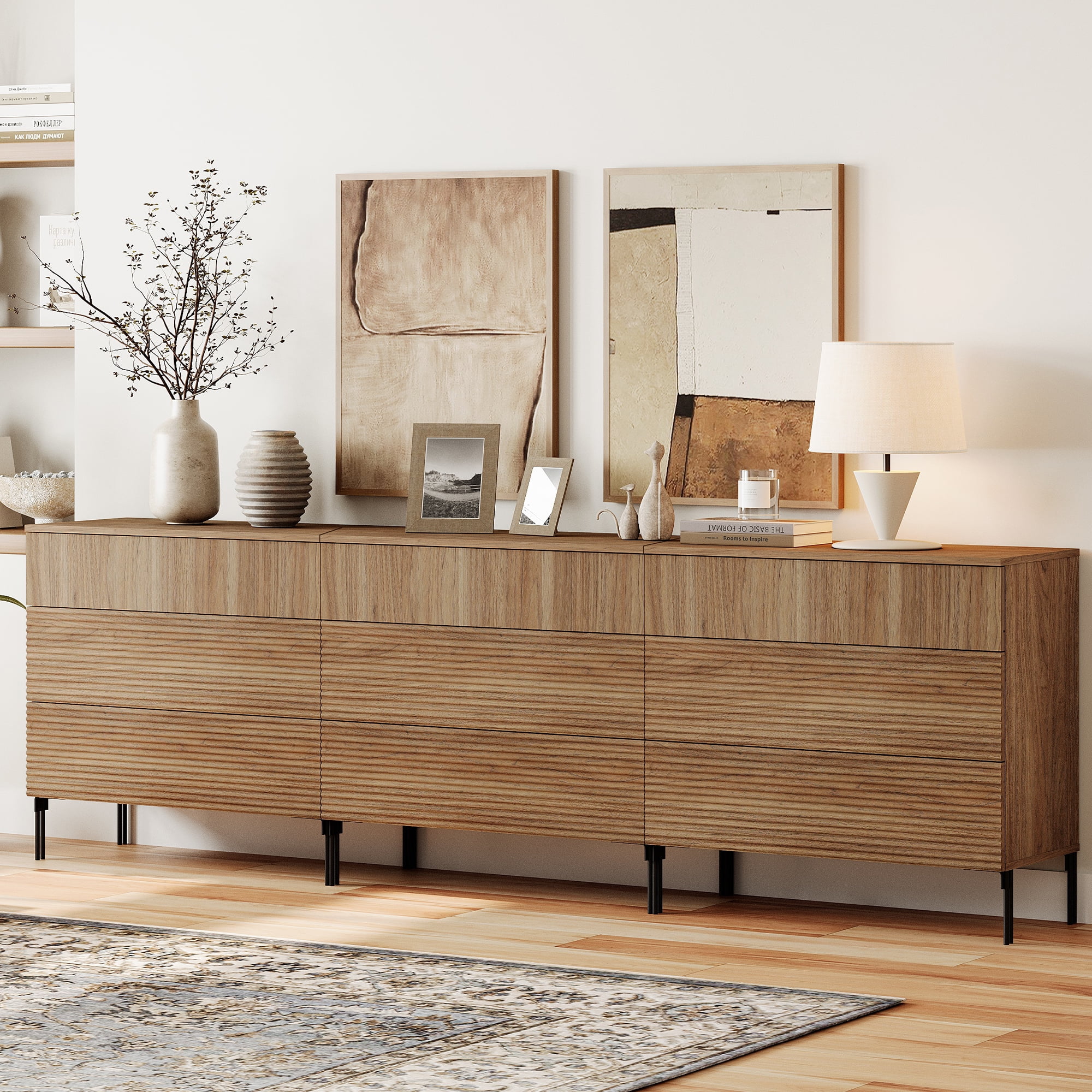94.5" Wood Accent Chest Set with Drawers, Modern Credenza Storage Cabinet with Reeded Design for Living Room, Kitchen, Dining Room, Hallway