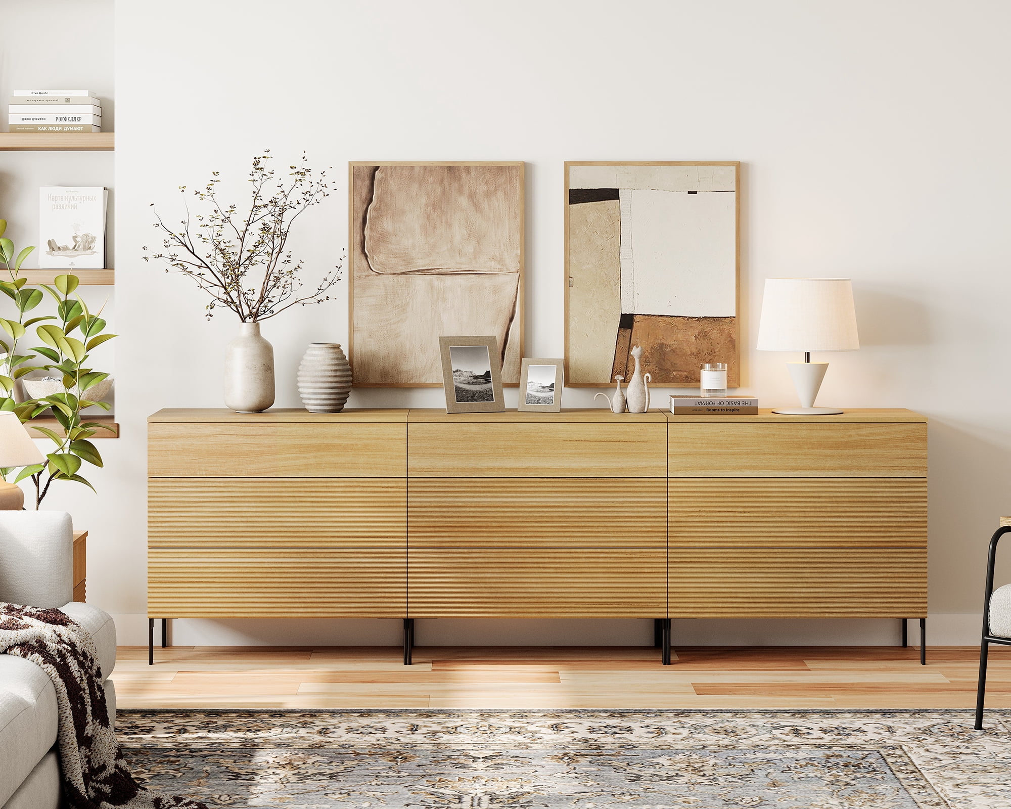 94.5" Wood Accent Chest Set with Drawers, Modern Credenza Storage Cabinet with Reeded Design for Living Room, Kitchen, Dining Room, Hallway