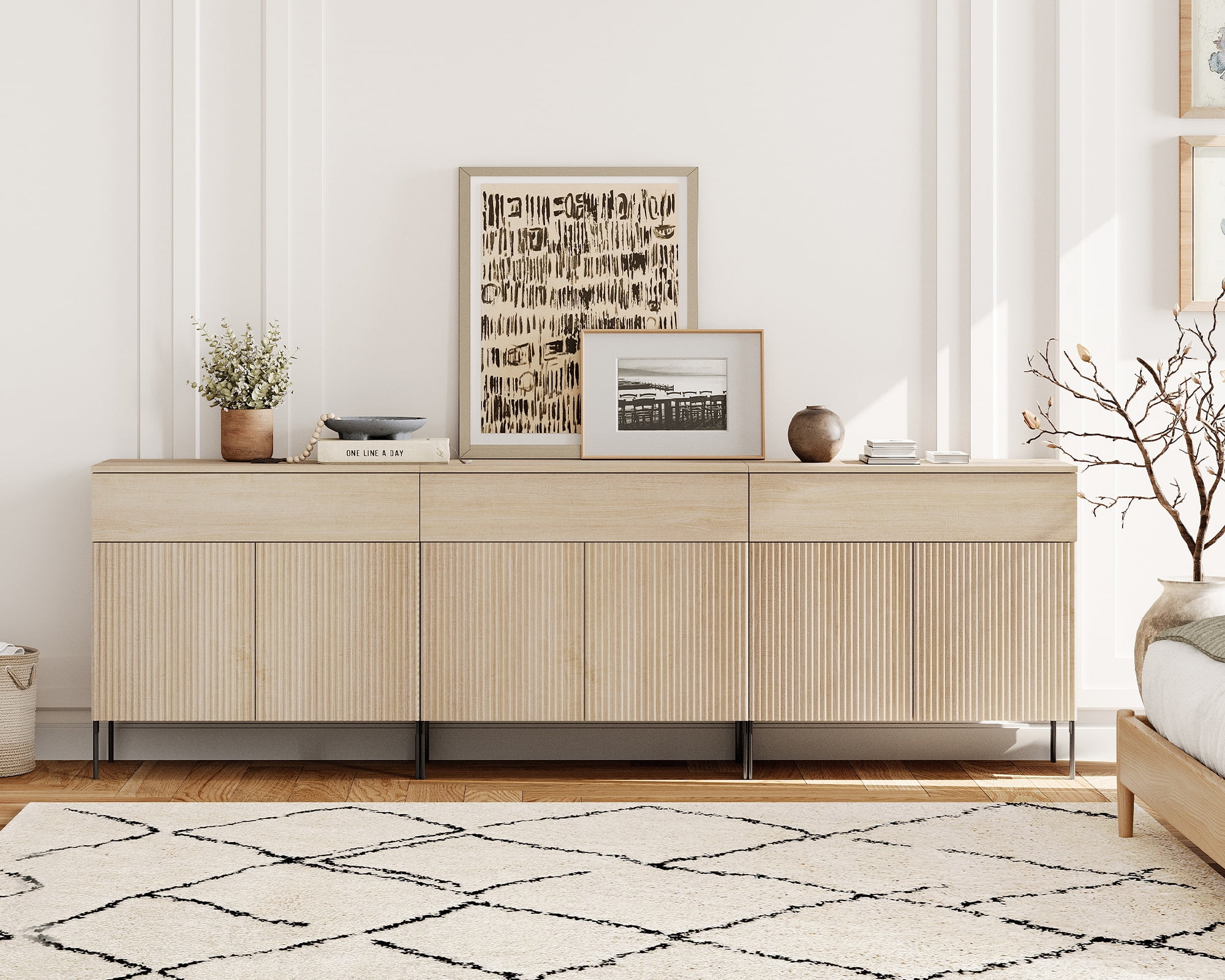 94.5" Wood Reeded Dresser with Drawer for Bedroom, 3-In-1 Minimalist Modern Cabinet, Storage Dresser Organizer for Bedroom Living Room Hallway Closet