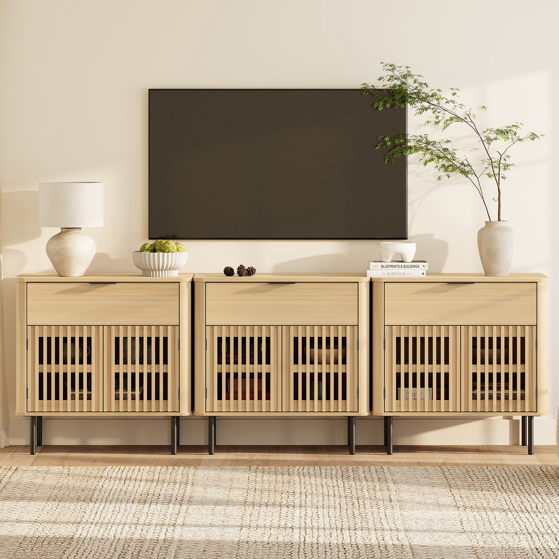 94.5" Wood TV Stand for TVs up to 100", Entertainment Center with Storage Shelves, Oak