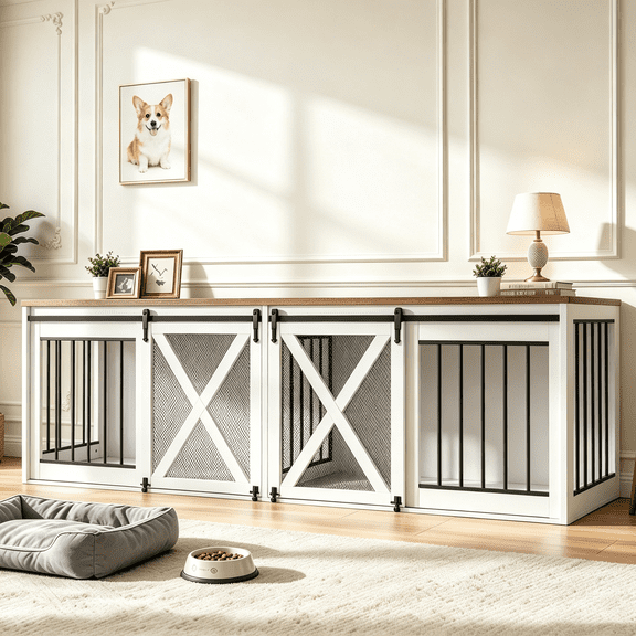 94.5" Double Dog Crate with Spacious Tabletop, Double Doors Dog Kennel with Solid Metal Tube & Sliding Metal Mesh Barn Door , White