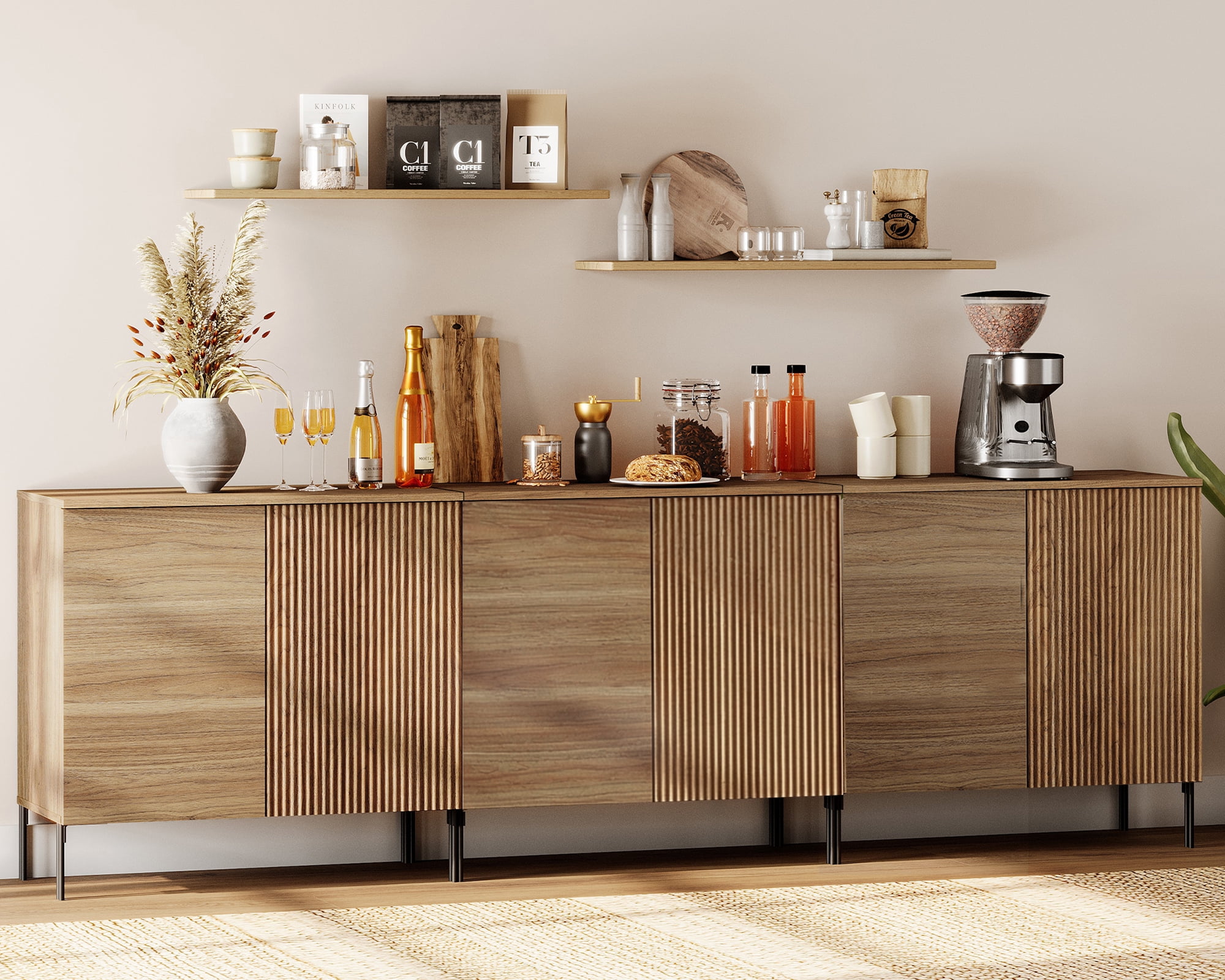 94.5" Wooden Fluted Sideboard with 6 Doors and Adjustable Shelves, 3-In-1 Modern Credenza Storage Cabinet for Kitchen, Dining Room