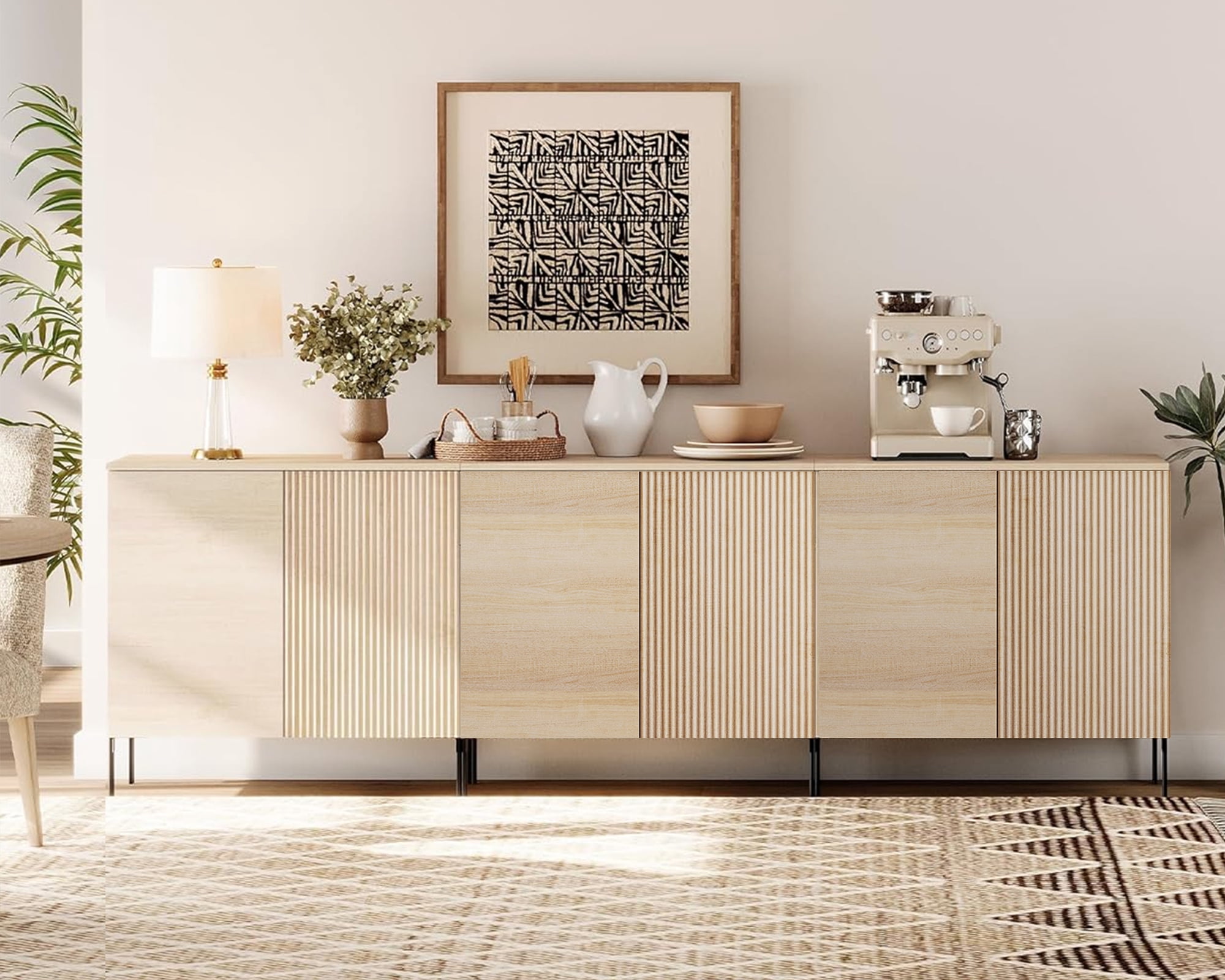 94.5" Wooden Fluted Sideboard with 6 Doors and Adjustable Shelves, 3-In-1 Modern Credenza Storage Cabinet for Kitchen, Dining Room