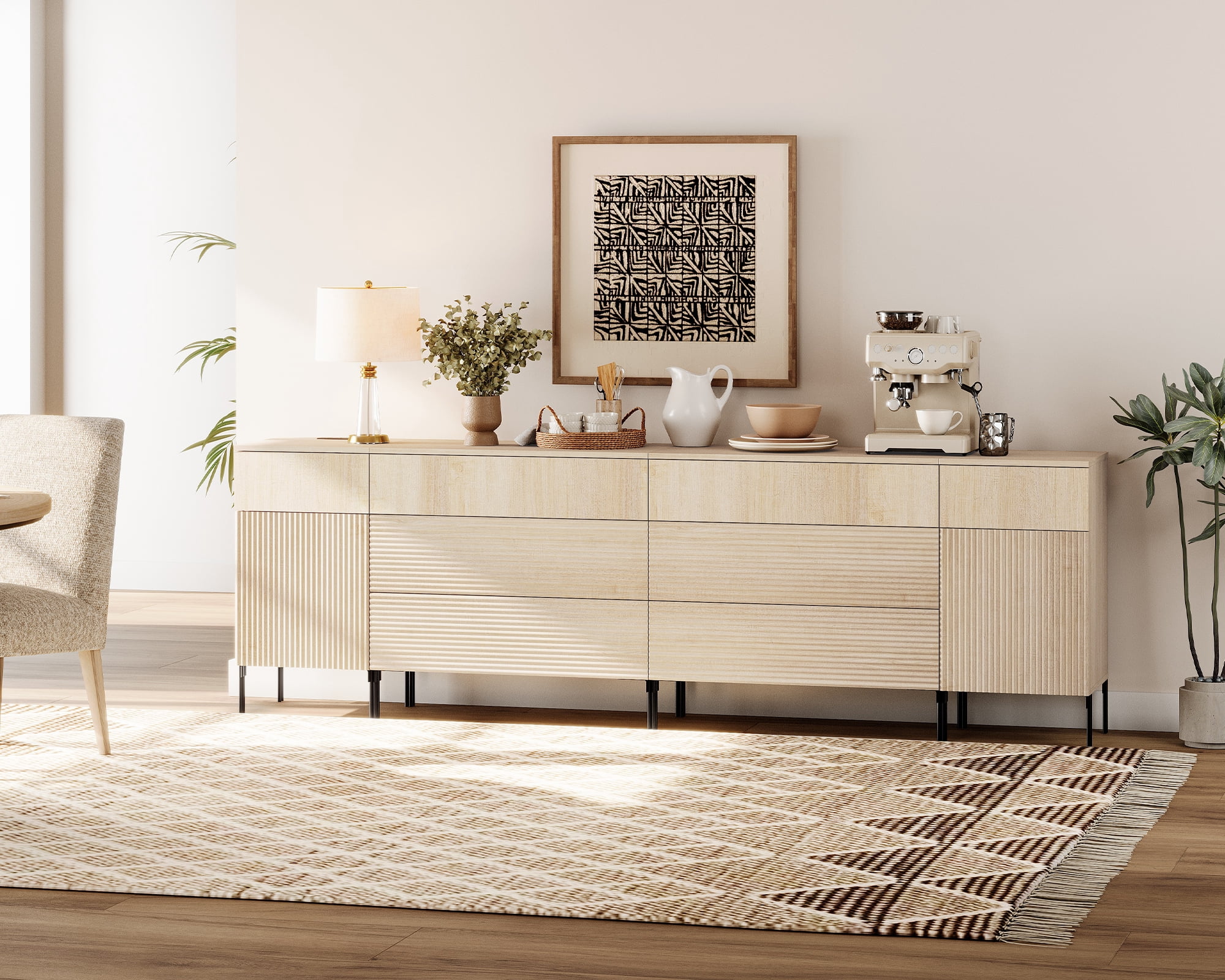 94.5" Wooden Reeded Sideboard with Built-in Charging Station, 4-In-1 Modern Credenza Storage Cabinet for Kitchen, Dining Room