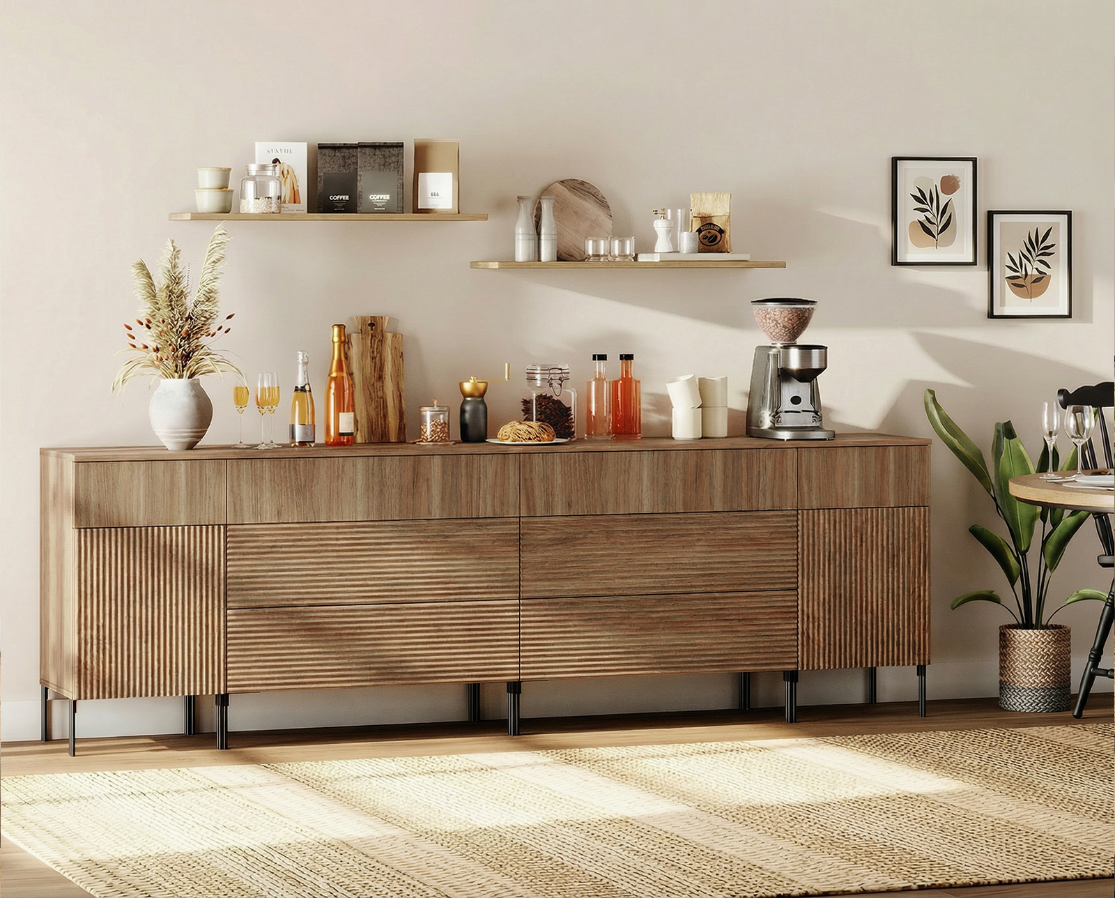 94.5" Wooden Reeded Sideboard with Built-in Charging Station, 4-In-1 Modern Credenza Storage Cabinet for Kitchen, Dining Room