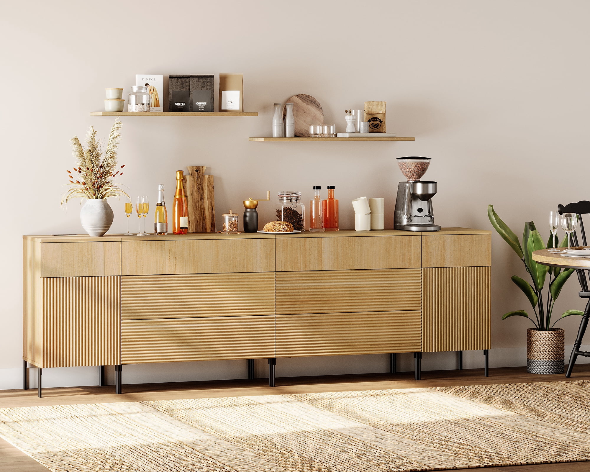 94.5" Wooden Reeded Sideboard with Built-in Charging Station, 4-In-1 Modern Credenza Storage Cabinet for Kitchen, Dining Room