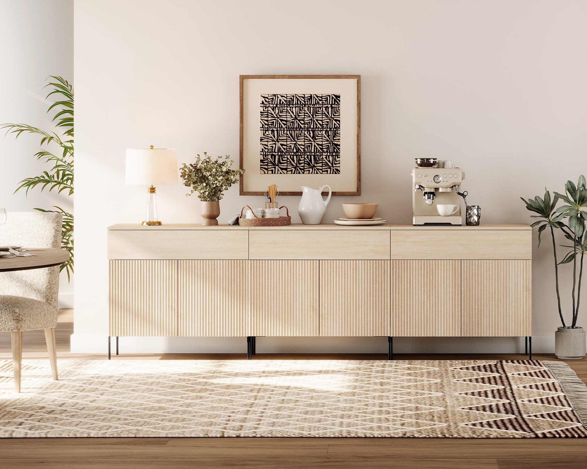 94.5" Wooden Reeded Sideboard with Doors and Drawers, 3-In-1 Modern Wide Credenza Storage Cabinet for Kitchen, Dining Room