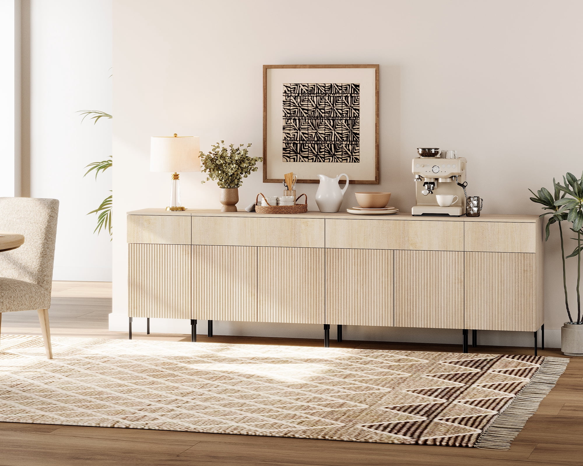94.5" Wooden Sideboard with Reeded Design, 4-In-1 Modern Credenza with Charging Station for Kitchen, Dining Room