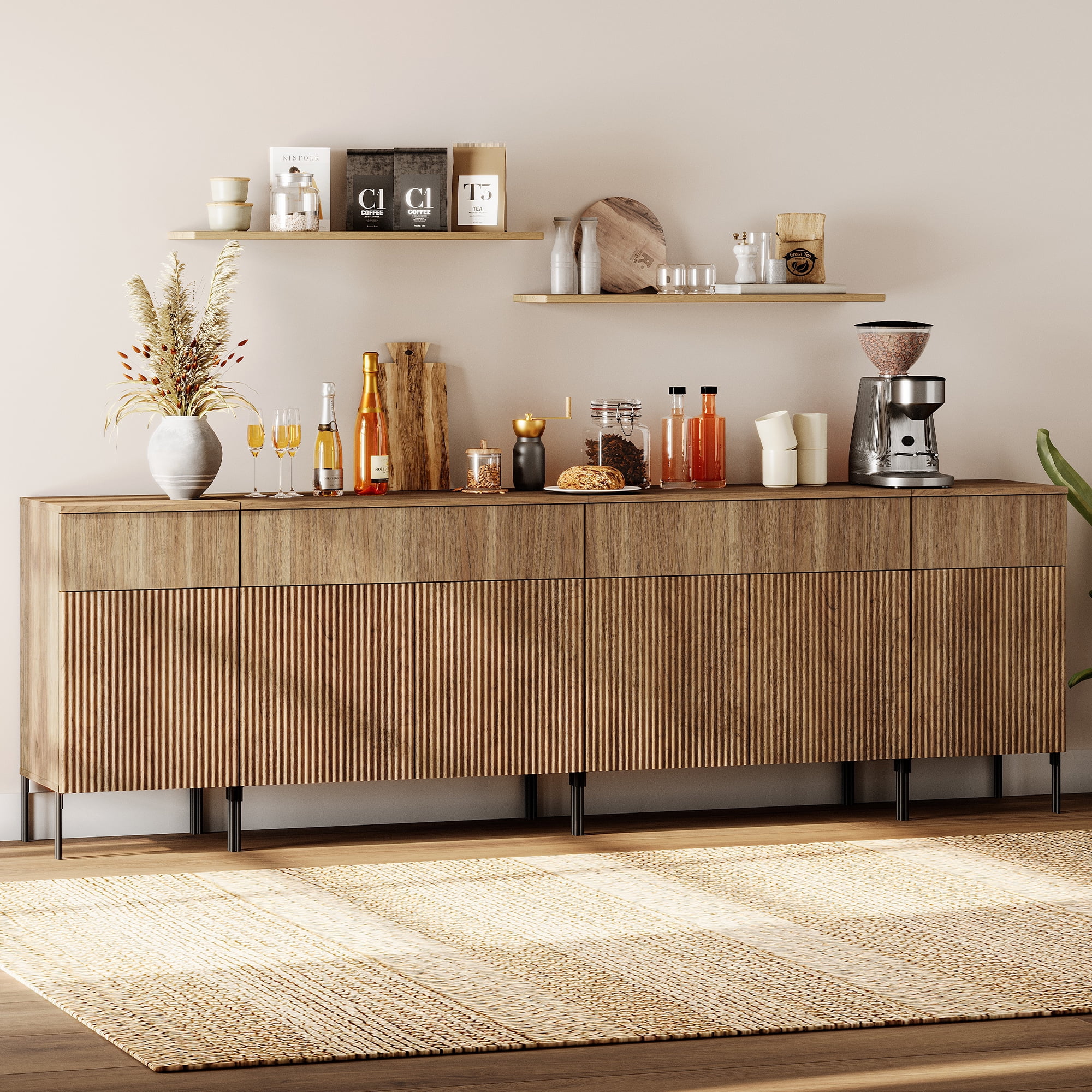 94.5" Wooden Sideboard with Reeded Design, 4-In-1 Modern Credenza with Charging Station for Kitchen, Dining Room