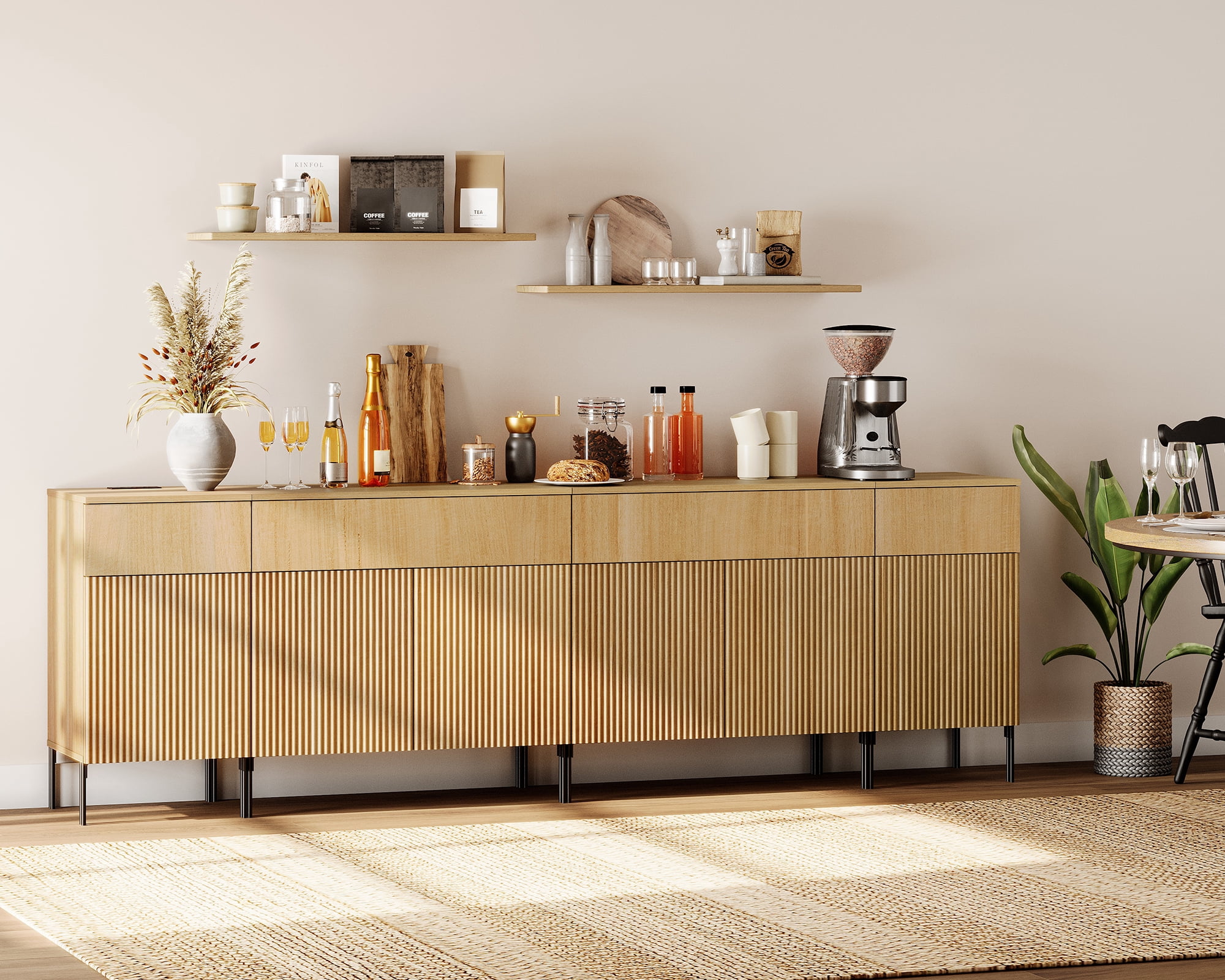 94.5" Wooden Sideboard with Reeded Design, 4-In-1 Modern Credenza with Charging Station for Kitchen, Dining Room