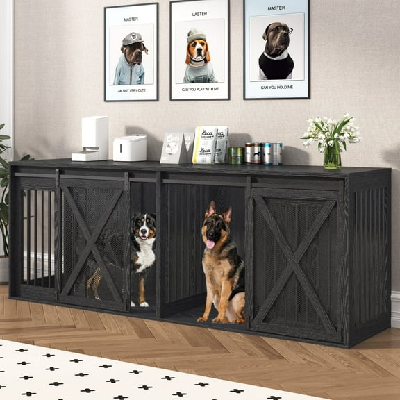 94.5" XXXL Dog Crate Furniture for 2 Large Dogs, Farmhouse Dog Kennel TV Stand with Sliding Door and Removable Divider, Black