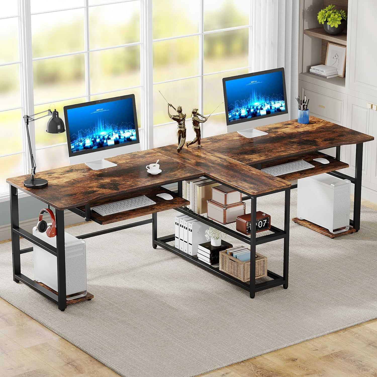 94.5 inch Two Person Desk with Keyboard Tray, Storage Shelves, LED