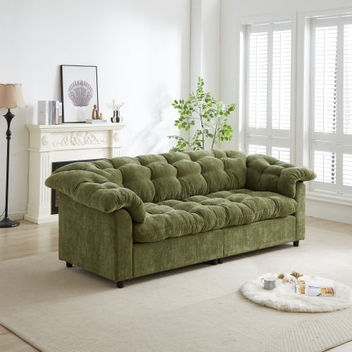 94.8" Chenille Cloud Sofa, Modern Deep Seat Comfort Sofa, Plush Fluffy Upholstered Couch for Living Room, Bedroom, Office, Green Fabric 3-Seater Sofa