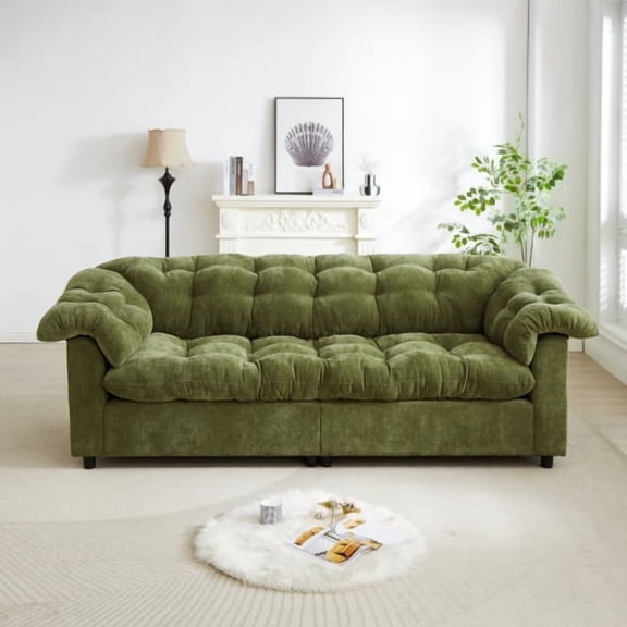 94.8" Chenille Sofa, Modern Fluffy Cloud Couch, Deep Seat 3-Seater Sofa with Fixed Armrest Pads, Plush Upholstered Living Room Couch for Apartment, Green