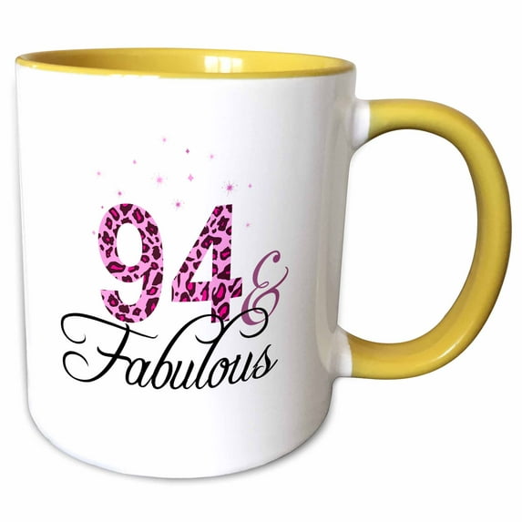 3drose, 94 and Fabulous - Fun Girly Birthday Gift - Black and Hot Pink Leopard Print Pattern Bday Diva Text, 15oz Two-tone Yellow Mug