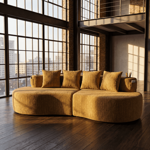 94" No Assembly Large Sofa, Mid-Century Modern Sofa with Chenille Fabric, Oversized Sofa Chair with Curved Frame for Living Room Apartment, Mustard yellow