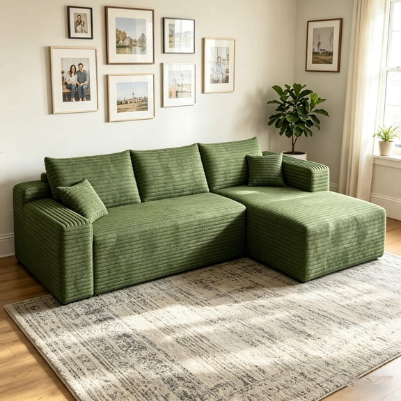 94" L-Shaped Sectional Couches with Chaise for Living Room, Corduroy Cloud Sofa, Boneless Compressed Memory Foam, No Assembly