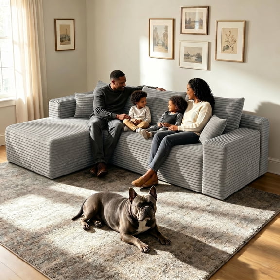 94" L-Shaped Sectional Couches with Chaise for Living Room, Corduroy Cloud Sofa, Boneless Compressed Memory Foam, No Assembly