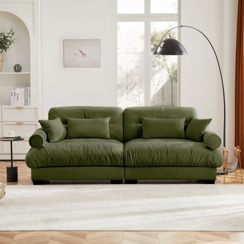 94" Cloud Couch Olive green Chenille 2-Seater Sofa with Round Bolster Armrests, Deep Cloud-Like Seat, and 2 Lumbar & 2 Throw Pillows