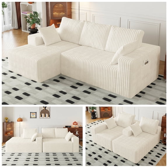 94" Cloud Sectional Couch with L-Shape Chaise, 3-Seat Modern Modular Sofa with Deep Seat, Upholstered Living Room Couch, Oversized Comfy Boneless Sofa for Bedroom & Apartment(White)