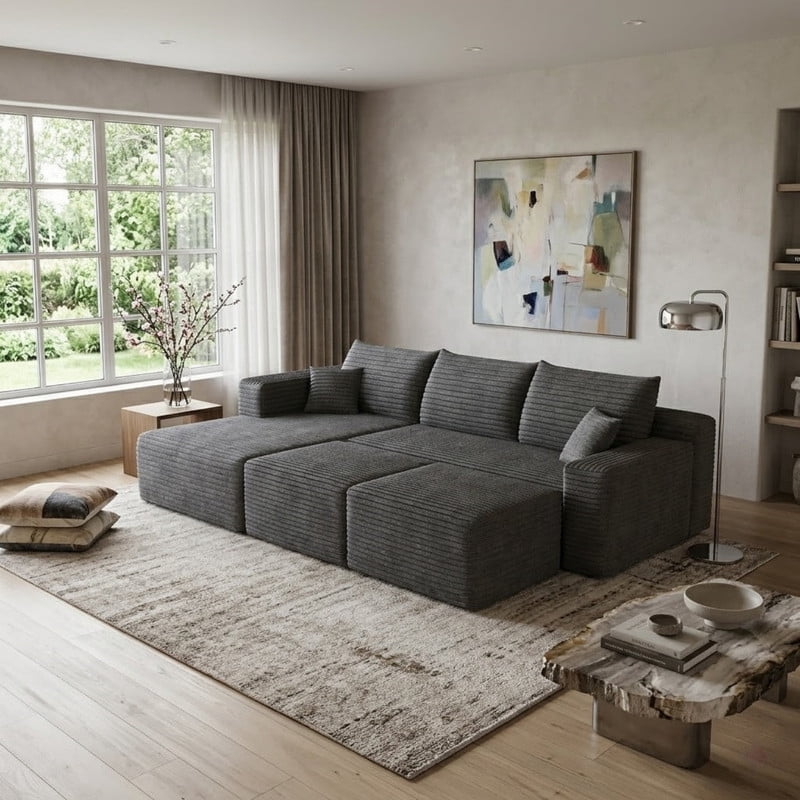 94'' Cloud Sectional Sofa with 2 Ottomans, Modular Upholstered Sofa Couch with Deep Seat, Plush Corduroy Fabric U Shaped Sofa for Living Room, Left Facing Chaise