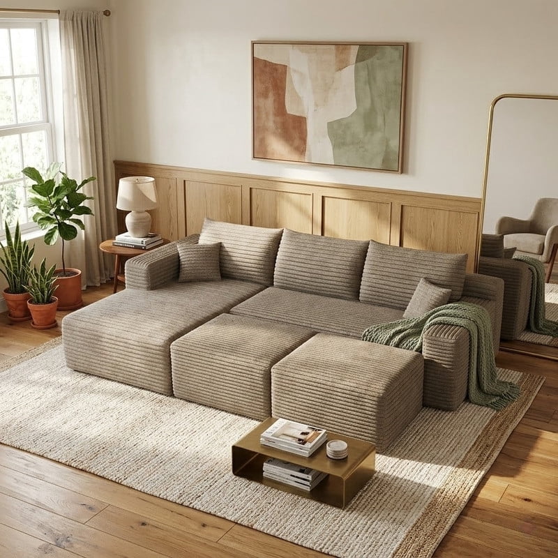 94'' Cloud Sectional Sofa with 2 Ottomans, Modular Upholstered Sofa Couch with Deep Seat, Plush Corduroy Fabric U Shaped Sofa for Living Room, Left Facing Chaise