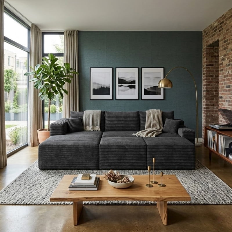 94'' Cloud Sectional Sofa with 2 Ottomans, Modular Upholstered Sofa Couch with Deep Seat, Plush Corduroy Fabric U Shaped Sofa for Living Room, Left Facing Chaise