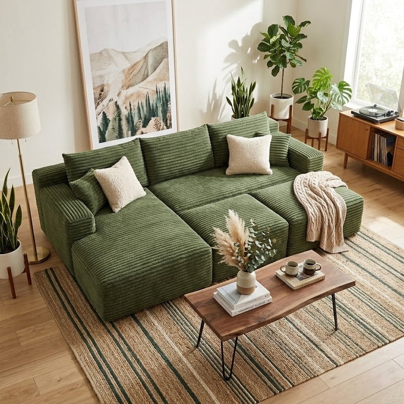 94'' Cloud Sectional Sofa with 2 Ottomans, Modular Upholstered Sofa Couch with Deep Seat, Plush Corduroy Fabric U Shaped Sofa for Living Room, Left Facing Chaise