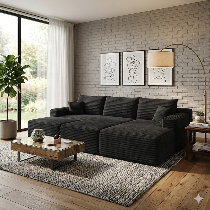 94'' Cloud Sectional Sofa with 2 Ottomans, Modular Upholstered Sofa Couch with Deep Seat, Plush Corduroy Fabric U Shaped Sofa for Living Room, Right Facing Chaise