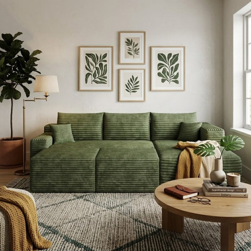 94'' Cloud Sectional Sofa with 2 Ottomans, Modular Upholstered Sofa Couch with Deep Seat, Plush Corduroy Fabric U Shaped Sofa for Living Room, Right Facing Chaise