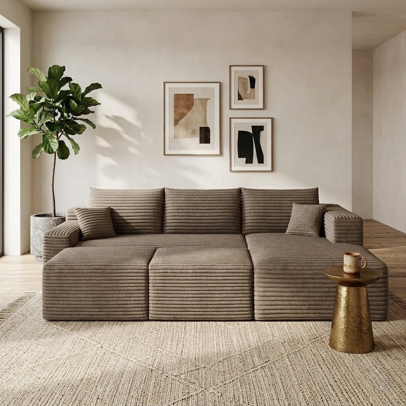 94'' Cloud Sectional Sofa with 2 Ottomans, Modular Upholstered Sofa Couch with Deep Seat, Plush Corduroy Fabric U Shaped Sofa for Living Room, Right Facing Chaise
