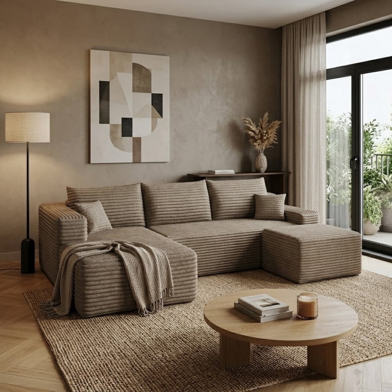 94'' Comfy U-Shaped Sectional Modern Corduroy Couch with Chaise ‌and Ottoman‌, Upholstered Modular Cloud Sofa for Living Room, Left Facing Chaise