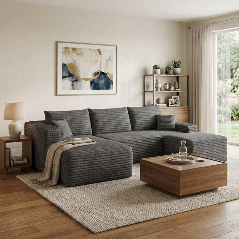 94'' Comfy U-Shaped Sectional Modern Corduroy Couch with Chaise ‌and Ottoman‌, Upholstered Modular Cloud Sofa for Living Room, Left Facing Chaise