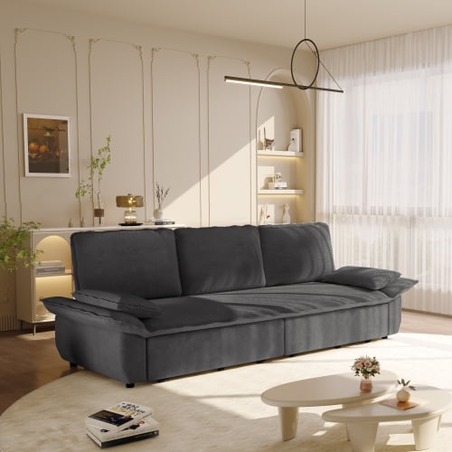 94" Corduroy Convertible Sofa Bed, Adjustable Fabric Pull-Out Sleeper Sofa with Sponge Padding, Queen Size Fabric Pull-Out Sofa Bed with Sturdy Frame for Living Room and Lounge, Grey