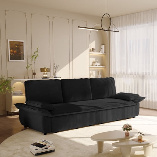 94" Corduroy Convertible Sofa Bed, Adjustable Fabric Pull-Out Sleeper Sofa with Sponge Padding, Queen Size Fabric Pull-Out Sofa Bed with Sturdy Frame for Living Room and Lounge, Black