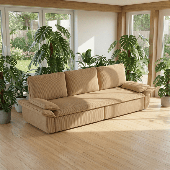 94" Corduroy Convertible Sofa Bed, Adjustable Fabric Pull-Out Sleeper Sofa with Sponge Padding, Queen Size Fabric Pull-Out Sofa Bed with Sturdy Frame for Living Room and Lounge, Camel