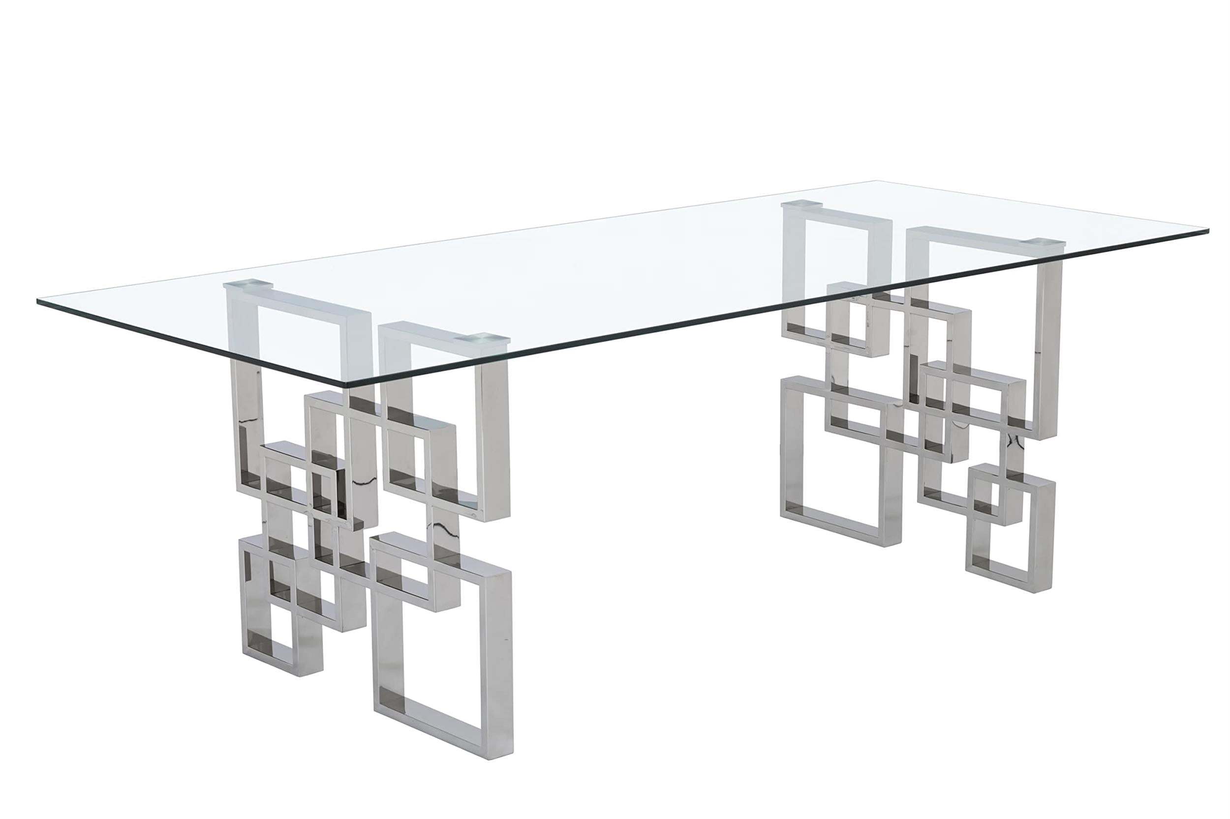 94" Glass Dining Table with Clear Tempered Glass Top and Silver Stainless Steel