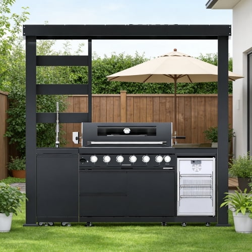 94-Inch 6-Burner 85,000 BTU Stainless Steel Outdoor Kitchen Island Grill with Wine Cooler Refrigerator, Rotisserie Kit, Granite Countertops, Storage Cabinets & Drawers Heavy-Duty BBQ Station