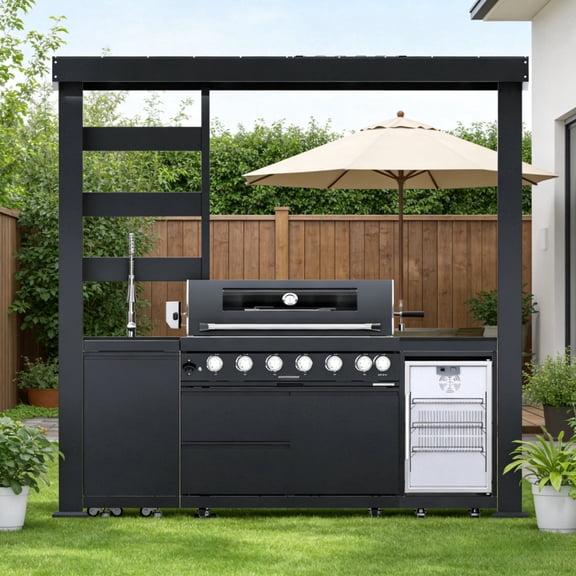 94-Inch 6-Burner 85000 BTU Deluxe Stainless Steel Gas Outdoor Kitchen Bar Barbecue Island Grill + Wine Cooler Compact Refrigerator + Rotisserie + Granite Countertops + Storage Cabinets & Drawers