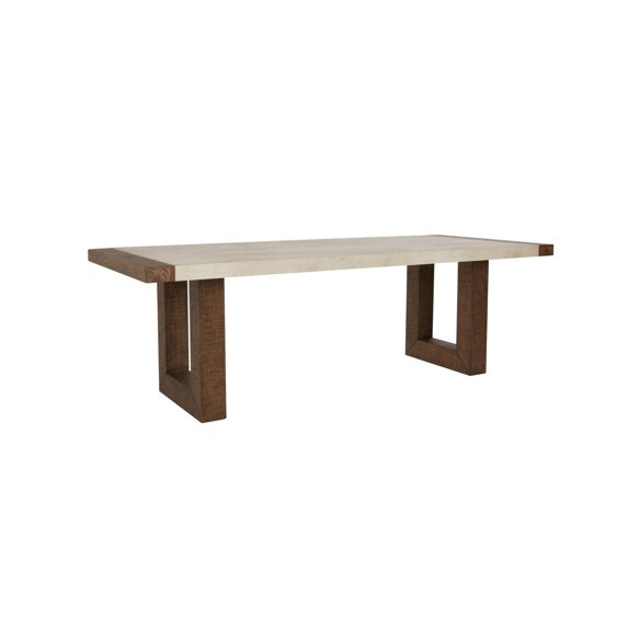 94 Inch Modern Dining Table with Concrete Laminate Top, Brown U Legs, White