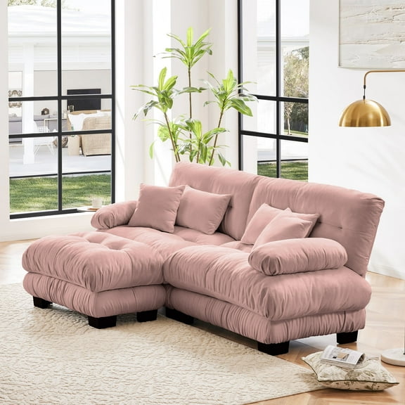 94"L Shape Sofa, Chenille 2 Seater Cloud Couch with 4 Soft Pillows, Upholstered Deep Seat Sofa Couch with Convertible Ottoman for Living Room, Apartment, Office, Pink